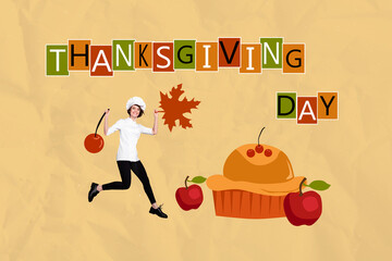 Banner picture collage of cute cheerful girl cooking and preparing traditional autumn food isolated...