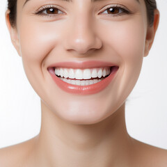 Fototapeta premium Smile. Happy laughing young beautiful woman, positive expressions. Open happy female face with charismatic smile. AI generated. 