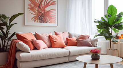 A contemporary room with a sofa pillows blanket plan