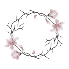 Wreath of watercolor blooming magnolia with dry branches on transparent background, png. Hand drawn minimalistic circle frame for wedding invitations, postcards, greeting cards.