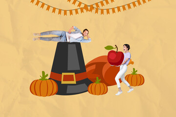 Banner image 3d collage of cheerful happy people celebrating harvest feast thanksgiving day...