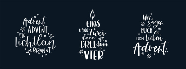 Collection of vector handwritten Advent calligraphic lettering text in German language for example "Happy first Advent" Great for calendar, greeting card, poster. Religious nativity.