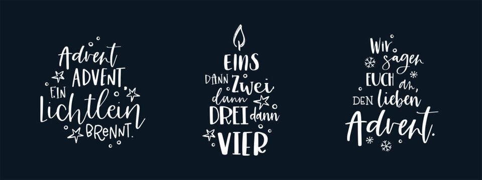 Collection of vector handwritten Advent calligraphic lettering text in German language for example "Happy first Advent" Great for calendar, greeting card, poster. Religious nativity.