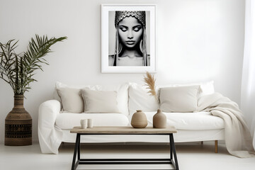 A White Sofa and Black Coffee Table Sit Against a White Wall Adorned with Art Posters, Defining the Modern Living Room's Inviting Interior Design