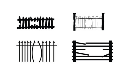 Broken Gates Set Isolated on White. Several fences construction and architecture vector art