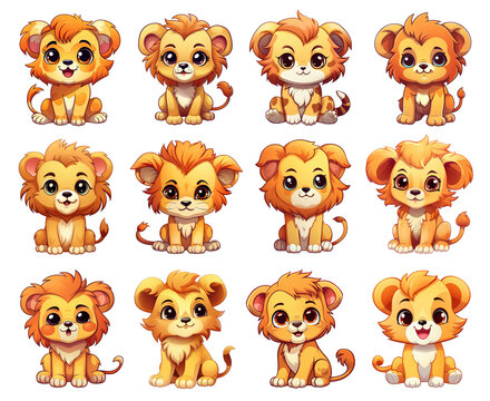 cute lion illustrations set. set of cute chibi lion icons. funny lion stickers collection.