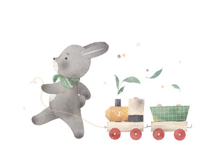 Bunny plays with a wooden train. Watercolor illustration. Can be used for cards, invitations, baby shower, posters. © bukhavets