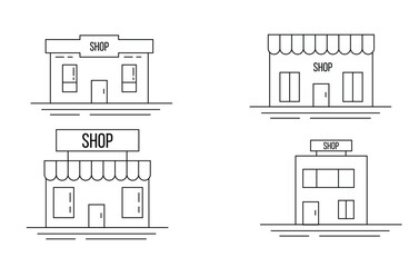Small Shops Set Line Art Isolated on White. A collection of private grocery or outlet stores vector art