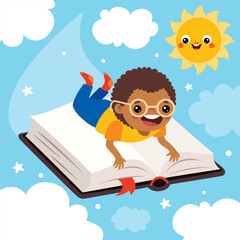 Cartoon Kid Flying With Book