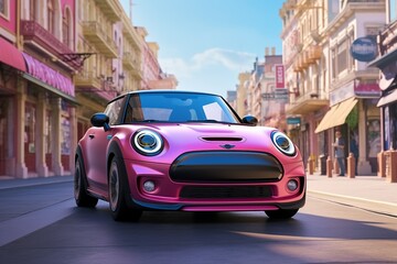Small Compact Electric Car Navigating City Streets Created with Generative AI