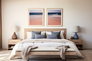 dormitorio con cama y banqueta tapizada y ropa de cama en tonos grises, junto a dos mesitas de madera y cuadros abstractos en pared.