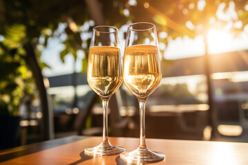 two glasses of champagne on the table outdoors