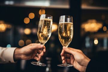  two glasses of champagne in hand in restaurant