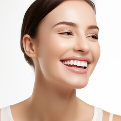 Obraz premium Happy laughing young beautiful woman, positive expressions. Open happy female face with charismatic smile. AI generated. 