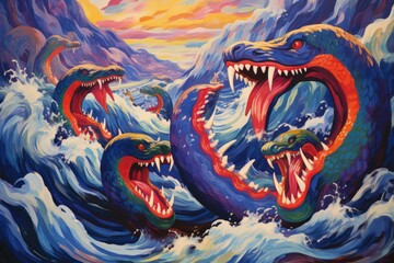Fototapeta premium Gigantic sea serpents slithering through treacherous waters - Generative AI