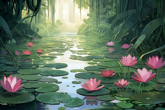 Illustration of heart-shaped water lilies amidst pond foliage. Generative AI