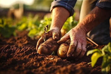 Hands pulling potatoes from the ground - obrazy, fototapety, plakaty