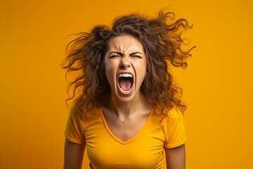 Portrait of an angry woman on a yellow background - obrazy, fototapety, plakaty