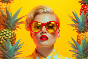 A tropical collage with a woman on a yellow background