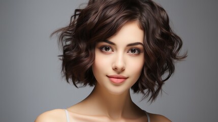 Naklejka premium beauty brunette woman model with short hair with natural makeup perfect clean skin