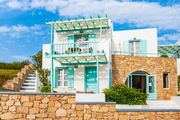 Traditional white style apartment building near Pollonia village, Milos island, Cyclades, Greece