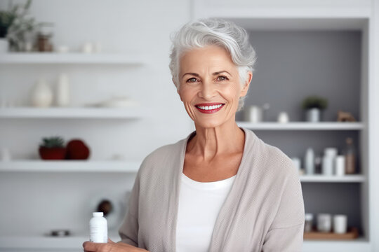 Happy Elderly Gray-haired Woman With A Bottle Of Pills In Her Hands At Home.