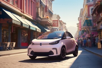 Small Compact Electric Car Navigating City Streets Created with Generative AI