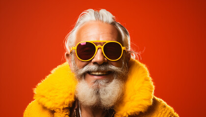 Portrait of a happy smiling old man wearing warm clothes and sunglasses on bright solid red background with copy space