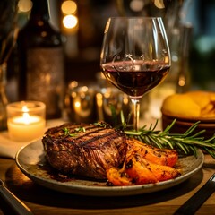 Grilled steak with rosemary and a glass of wine on a wooden table - obrazy, fototapety, plakaty