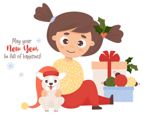 Cute happy girl with dog and Christmas gifts and toys balls. Vector illustration. New Year greeting card in cartoon style with child character and puppy. Kids collection.