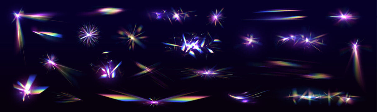 Set Rainbow crystal light leak flare reflection effect. Holographic falling confetti glitters isolated on transparent background. Vector illustration.
