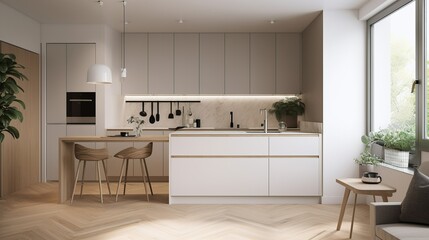Minimalist and Scandinavian style kitchen interior with a warm vibe 