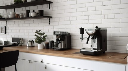 Minimalist urban style coffee corner in a kitchen with white brick wall 