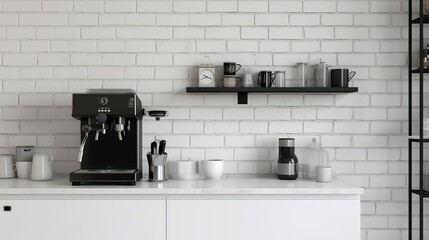 Minimalist urban style coffee corner in a kitchen with white brick wall 