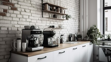 Minimalist urban style coffee corner in a kitchen with white brick wall 
