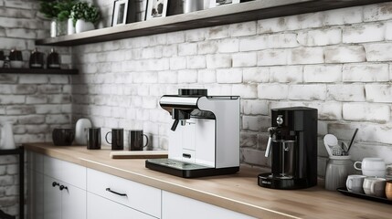 Scandinavian style coffee corner with coffee machine and mugs, white brick wall