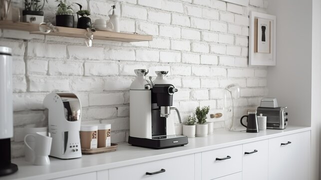Minimalist urban style coffee corner in a kitchen with white brick wall 