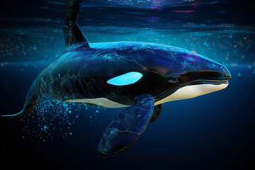 A beautiful killer whale swims under the surface of the water. Dark blue surface of the ocean. Animal illustration with glowing abstract lines. Generative AI. - obrazy, fototapety, plakaty