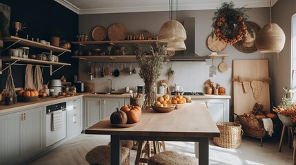 Scandinavian and boho style kitchen table with fall decoration 
