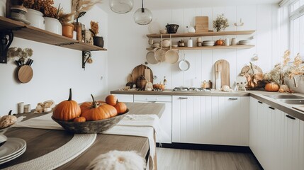 Scandinavian and boho style kitchen interior with fall decoration 