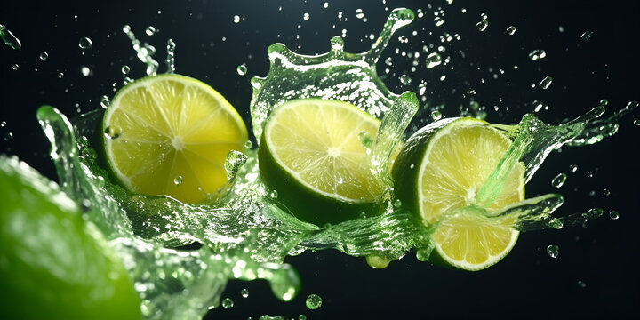 lime and water ,Half of lime on white falling into water with splash ,Lime and lime slices falling into a water splash ,Refreshing green lime in water isolated over green background  generative ai


