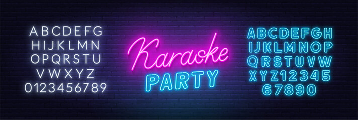 Karaoke party neon lettering  on brick wall background.