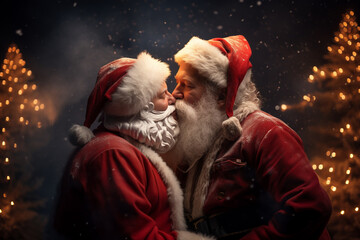 two Santa Clauses kissing  - obrazy, fototapety, plakaty
