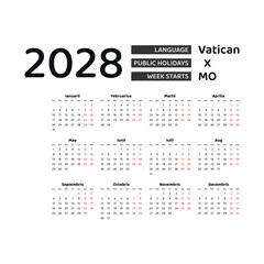 Calendar 2028 Latin language with Vatican City public holidays. Week starts from Monday. Graphic design vector illustration.