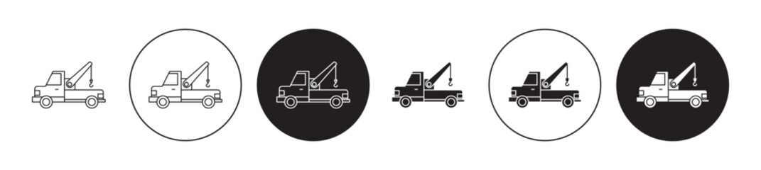 Tow truck line icon set. Accidented car repair tow truck icon in black color for ui designs. - obrazy, fototapety, plakaty