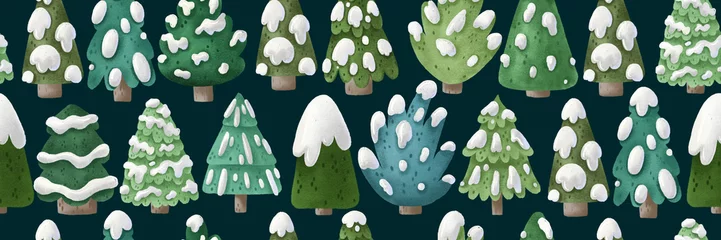 Zelfklevend Fotobehang Spruce tree with snow. Seamless pattern with evergreen trees, fir. Childish simple illustration. Endless background. Winter landscape © Ilona