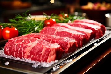 Various cuts of fresh raw red meat in the supermarket, beef, pork, assorted meat steaks on a baking sheet before cooking.