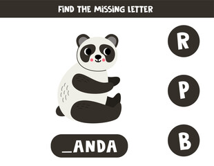 Find missing letter with cartoon panda. Spelling worksheet.