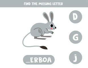 Find missing letter with cartoon jerboa. Spelling worksheet.