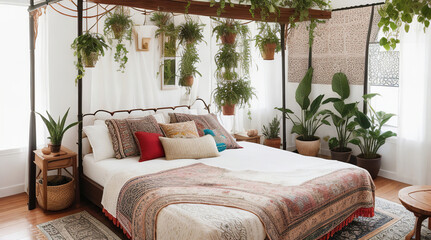 A modern bohemian bedroom with a canopy bed frame - Generative AI